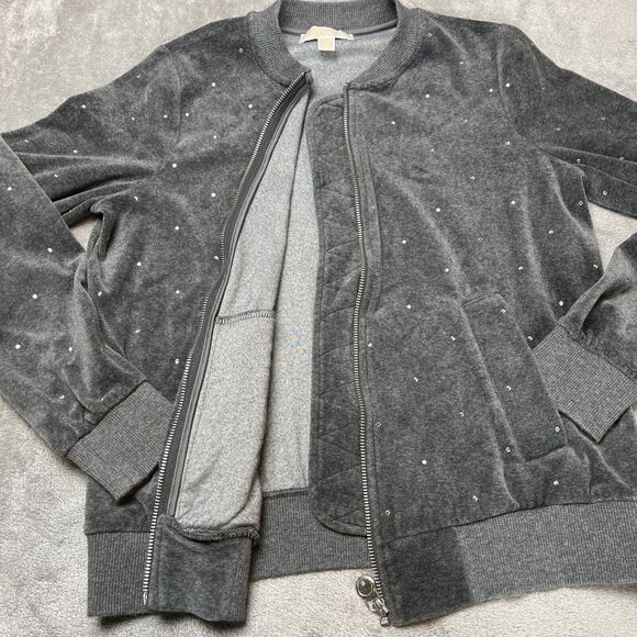 Michael Kors Grey Velour Rhinestone Studded Zip Up Jacket Bomber Women M - Picture 2 of 7